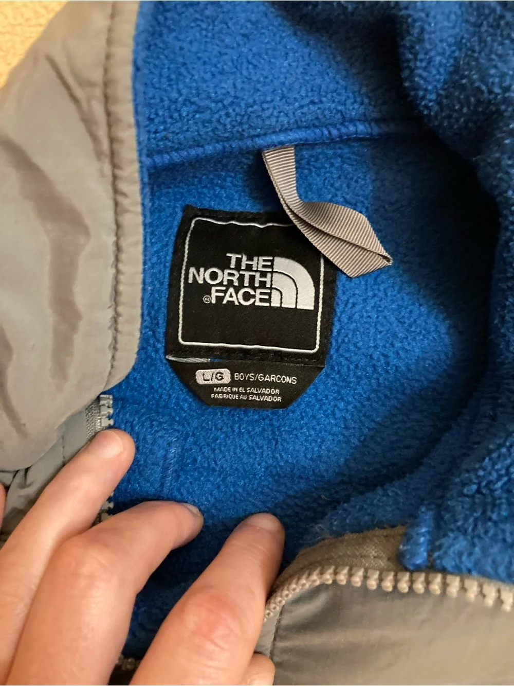 Large Boys North face Denali Blue And Grey Jacket Tiny Tear As Seen In Picture